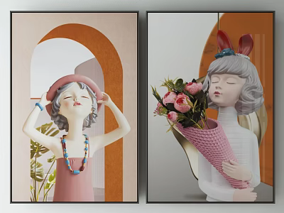 Decorative Figurines With Hat Necklace Rabbit Ears And Flower Bouquet For Home Decor 3d model
