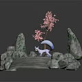 White Fox By Blue Pond With Pink Cherry Blossom Tree Stone Rockery And Green Vines