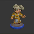 3D Game Character With Grey Bun Hairstyle Green Eyes Golden Brown Armor On Blue Base