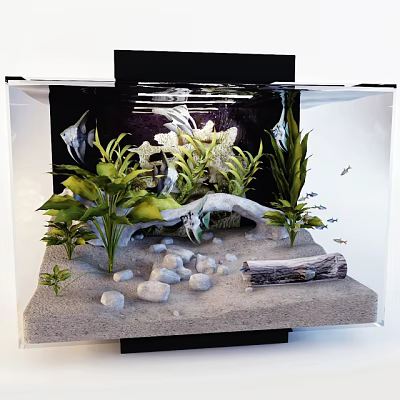 Aquarium Fish Tank With Green Plants Rocks Driftwood Sand And Natural Decor 3d model