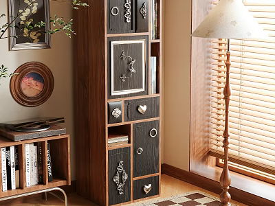 Wooden Storage Cabinet With Multi Tiered Design Decorative Doors And Indoor Bookshelf Plant Decor 3d model