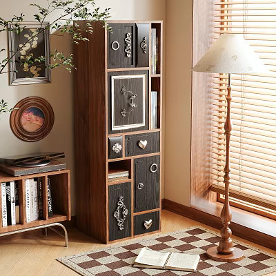 Wooden Storage Cabinet With Multi Tiered Design Decorative Doors And Indoor Bookshelf Plant Decor 3d model