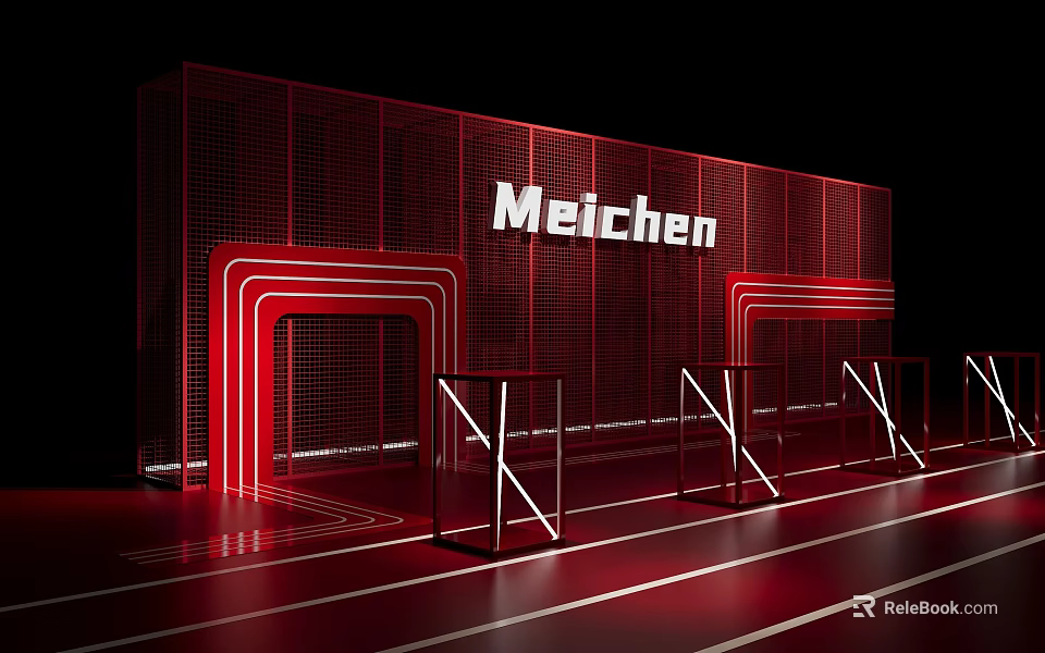 Meichen Brand Red Grid Wall Display With Neon Light Strips Geometric Frames And Shiny Floor 3d model 