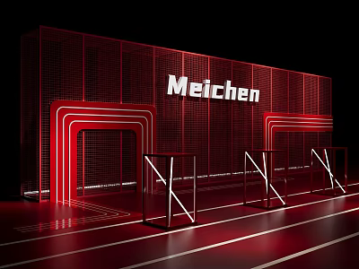 Meichen Brand Red Grid Wall Display With Neon Light Strips Geometric Frames And Shiny Floor 3d model