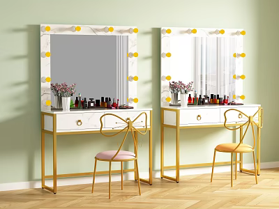 Dressing Table with Mirror Yellow Bulbs Gold Frame Marble Top Stools Cosmetics and Vase 3d model