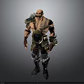 Tattooed Bearded Man With Bald Head Decorative Armor Fur Trimmed Pants And Circular Belt Buckle