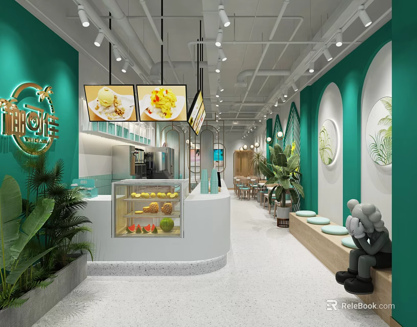 Modern Milk Tea Shop Interior With Teal Walls Arched Designs Green Plants And Fruit 3d model 