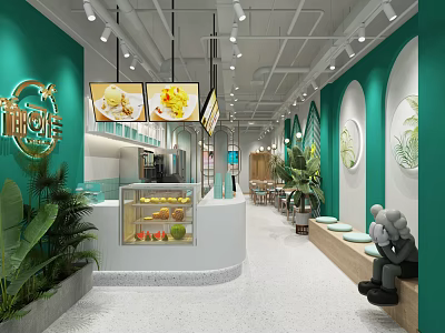 Modern Milk Tea Shop Interior With Teal Walls Arched Designs Green Plants And Fruit 3d model