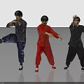 Three People In Red Black Blue Traditional Clothing Practicing Martial Arts Poses