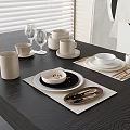 Modern Minimalist Dinnerware Set With Plates Bowls Mugs And Cutlery On Dining Table
