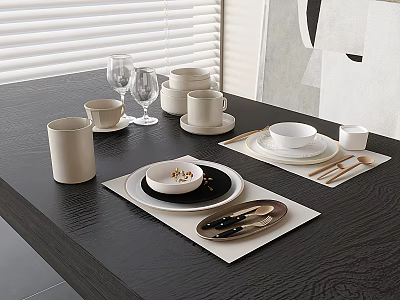 Modern Minimalist Dinnerware Set With Plates Bowls Mugs And Cutlery On Dining Table 3d model