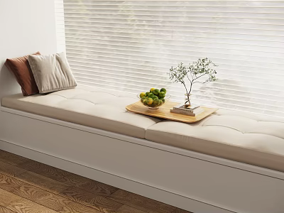 Cozy Bay Window Seat With Padded Cushion Pillows Wooden Tray Fruits And Small Plant 3d model