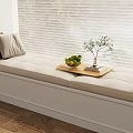 Cozy Bay Window Seat With Padded Cushion Pillows Wooden Tray Fruits And Small Plant