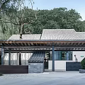 Traditional Modern Courtyard Architecture With Sloped Roof Green Trees And Pedestrian