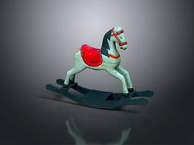 Wooden Rocking Horse With White Body Red Saddle And Black Rockers 3d model