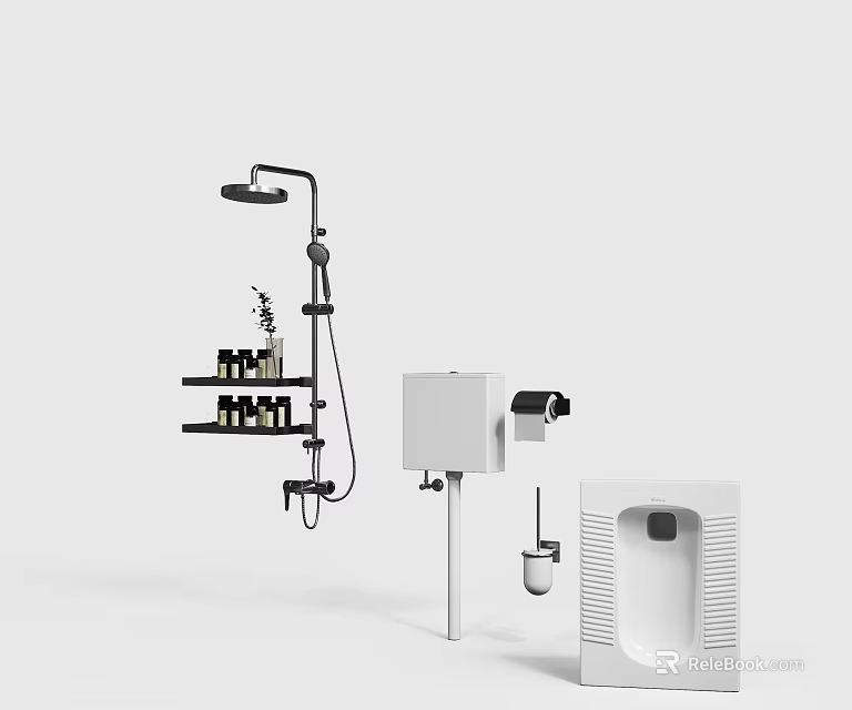 Modern Bathroom Set With Rain Shower Head Handheld Shower Shelf And Toilet 3d model 