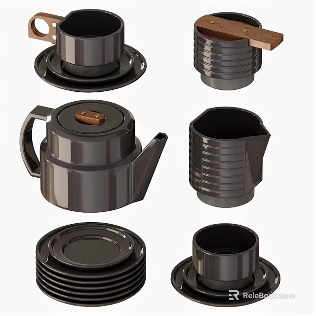 Dark Toned Tea Sets With Teapot Cups And Saucers 3d model