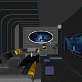 Modern Tech Style KTV Interior Featuring Blue Neon Lights Curved Lines Sofa And Coffee Table
