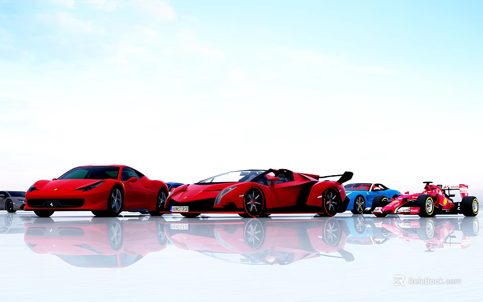 Different Colorful Sports Cars Parked In Line With Blue Sky And Ground Reflection 3d model 