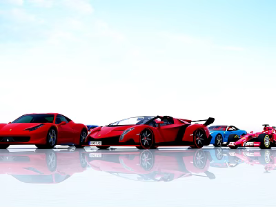 Different Colorful Sports Cars Parked In Line With Blue Sky And Ground Reflection 3d model