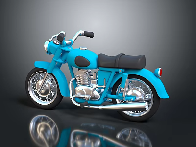 Blue Vintage Motorcycle with Black Seat Silver Engine Exhaust Pipe on Gray Background Reflective Surface 3d model