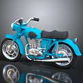 Blue Vintage Motorcycle with Black Seat Silver Engine Exhaust Pipe on Gray Background Reflective Surface