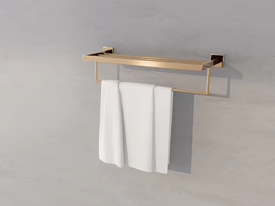 Soft White Towels Hanging On Modern Golden Towel Rack Against Gray Bathroom Wall 3d model
