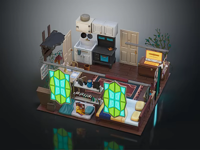 Cartoon Style Cozy Interior Scene With Stained Glass Windows Sofa Bookshelf Cabinets Plants And Appliances 3d model