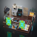 Cartoon Style Cozy Interior Scene With Stained Glass Windows Sofa Bookshelf Cabinets Plants And Appliances