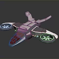 Futuristic Flying Drone With Silver Body Red Front Blue Lights And Four Propellers