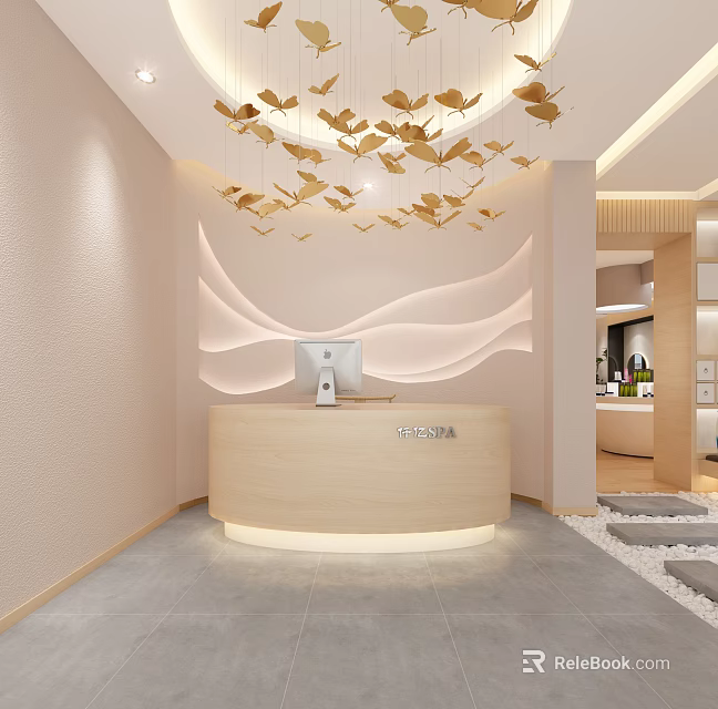 Luxury SPA Sauna Reception Area With Modern Design Butterfly Decorations And Soft Lighting 3d model 