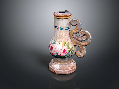 Vintage Vase Shaped Sculpture With Hand Painted Flowers And Curved Handle Base 3d model