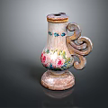 Vintage Vase Shaped Sculpture With Hand Painted Flowers And Curved Handle Base