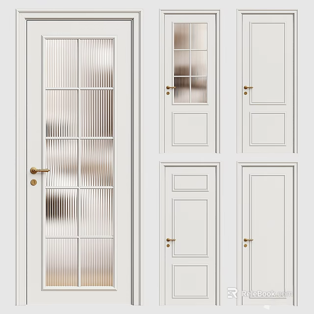 Modern White Hinged Doors With Ribbed Glass Panels And Solid Panel Designs 3d model