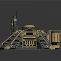 Cartoon Futuristic Building Scene With Dome Tower And Gold Green Platform Structure