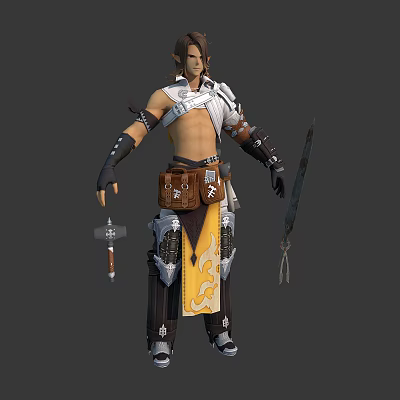 Warrior Character With Leather Metal Armor Tool Belt Long Sword And Decorative Yellow Black Patterns 3d model