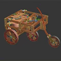 Wooden Mechanical Cart Model with Intricate Gear System and Red Wheel Design