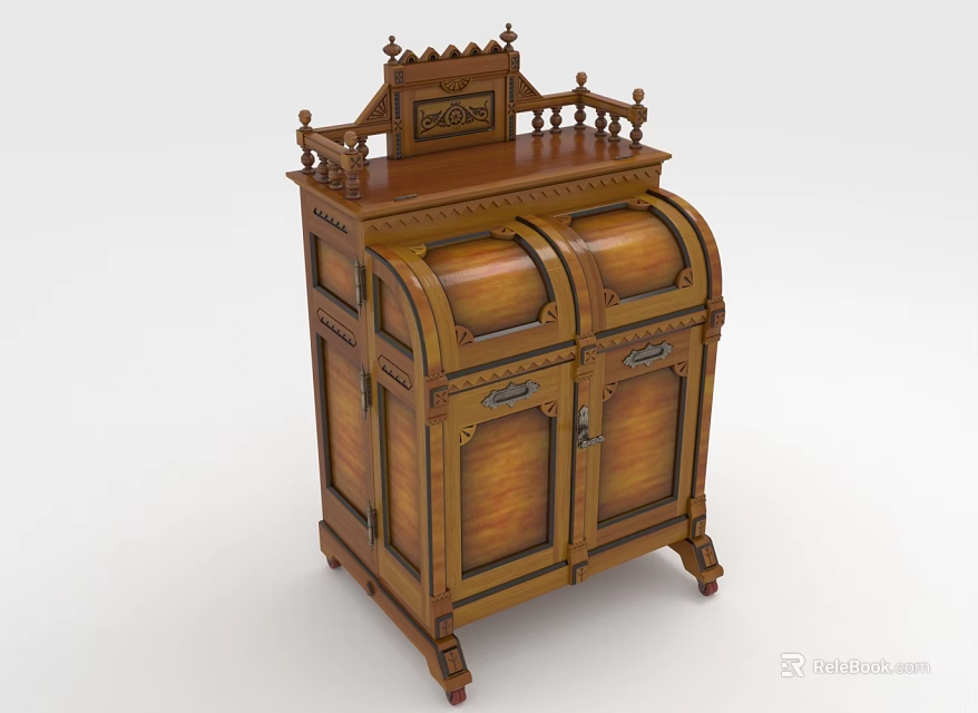 Vintage Wooden Cabinet With Carved Details Double Doors And Wheeled Base 3d model 