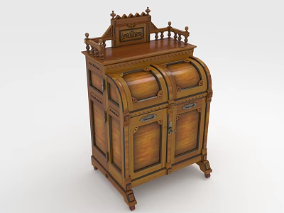 Vintage Wooden Cabinet With Carved Details Double Doors And Wheeled Base 3d model
