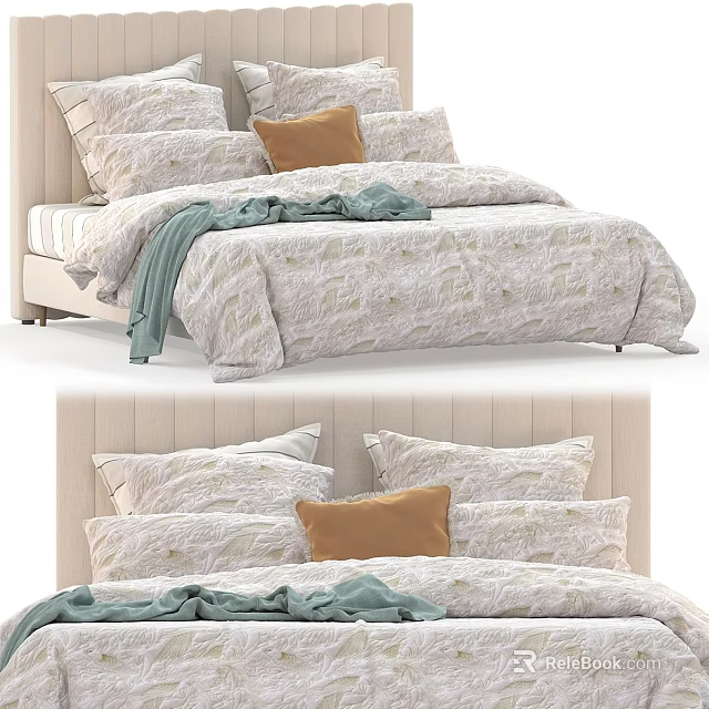 Modern Double Bed With Beige Upholstered Headboard Patterned Quilt And Green Blanket 3d model 