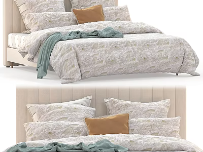 Modern Double Bed With Beige Upholstered Headboard Patterned Quilt And Green Blanket 3d model