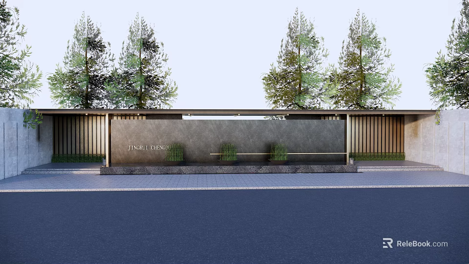 Modern Entrance Gate With Stone Wall Green Trees And Long Roof Design 3d model 