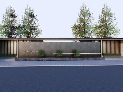 Modern Entrance Gate With Stone Wall Green Trees And Long Roof Design 3d model