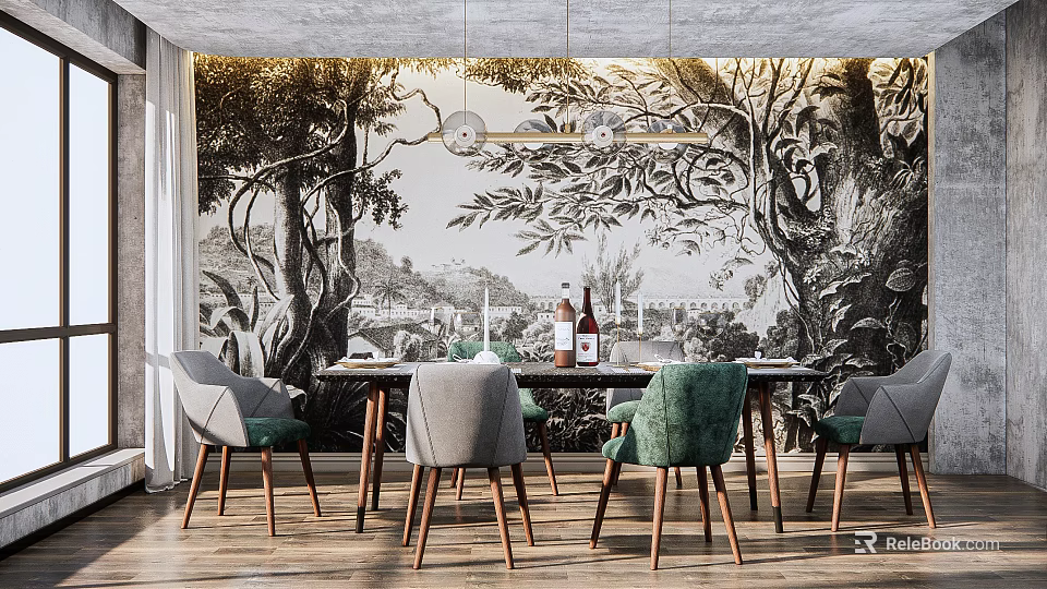 Dining Table Set With Green Gray Fabric Chairs Wooden Legs And Tree Mural Background 3d model 