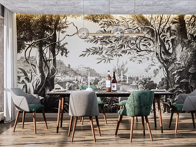 Dining Table Set With Green Gray Fabric Chairs Wooden Legs And Tree Mural Background 3d model