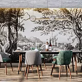 Dining Table Set With Green Gray Fabric Chairs Wooden Legs And Tree Mural Background