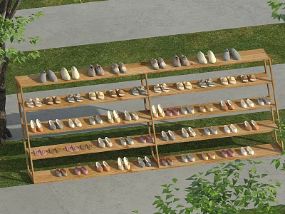 Wooden Multi Tiered Shoe Rack With Neatly Arranged Shoes In Outdoor Garden 3d model