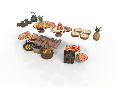 Assorted Fresh Food Display With Fruits Bread Cake And Desserts 3d model