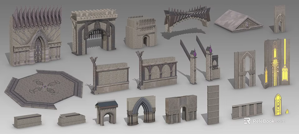 Medieval Stone Building Facade Design With Arches Towers And Decorative Structures 3d model