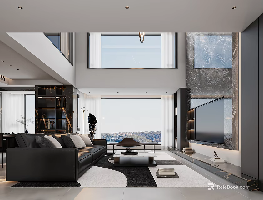 Stylish Loft Living Room With Large Windows Black Sofa And TV Wall 3d model 